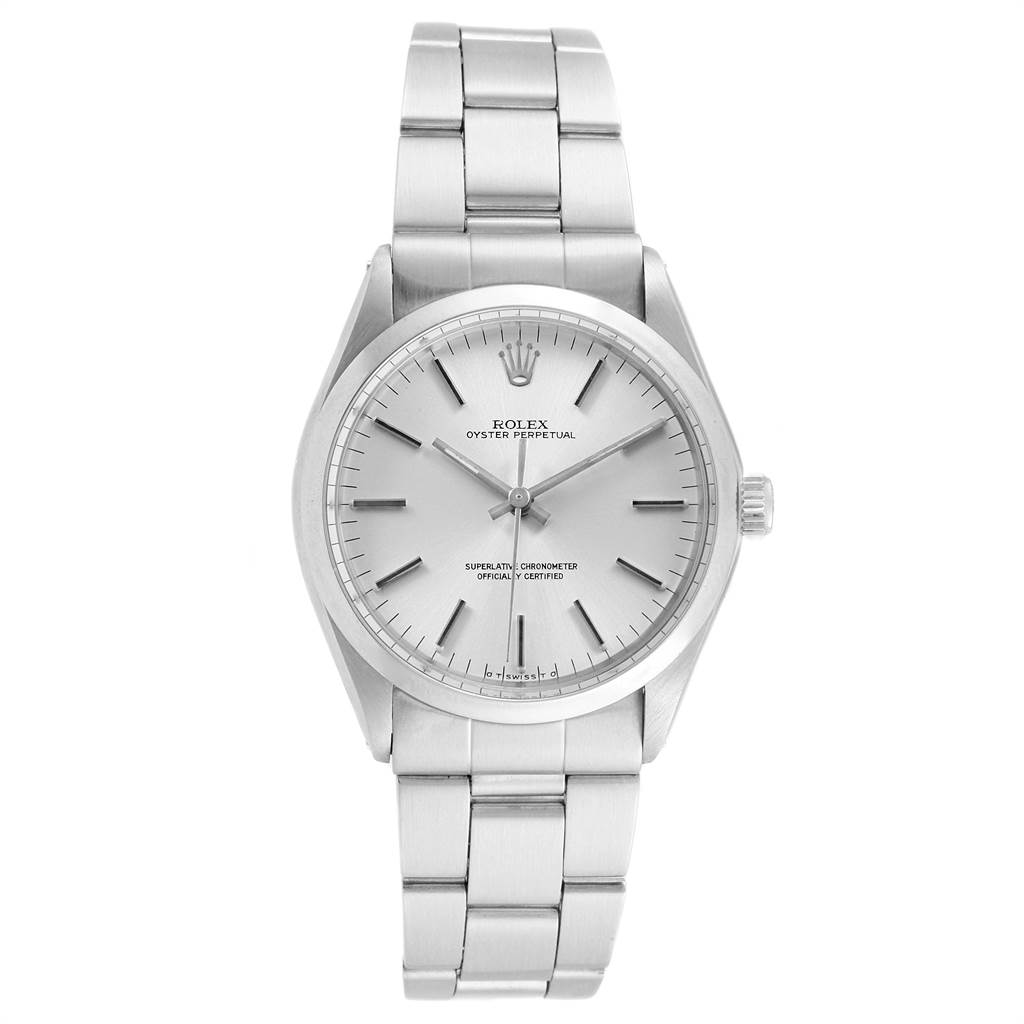 The image shows a front view of the Rolex Vintage Collection 1002 Men
s Stainless Steel Silver Dial 1002 Men
s Stainless Steel Silver Dial model watch, displaying its dial, hands, and stainless steel bracelet.
