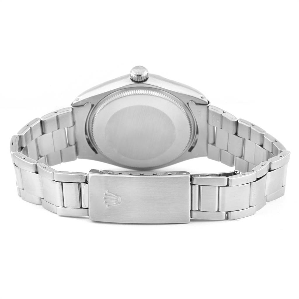 The image shows the back view of the Rolex Vintage Collection 1002 Men
s Stainless Steel Silver Dial 1002 Men
s Stainless Steel Silver Dial watch, highlighting the bracelet and clasp.