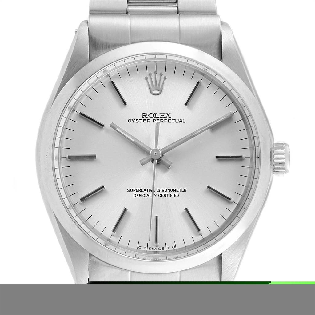 The image shows a front view of a Rolex Vintage Collection 1002 Men
s Stainless Steel Silver Dial 1002 Men
s Stainless Steel Silver Dial Oyster Perpetual watch, displaying its face, dial, crown, and a portion of the bracelet.