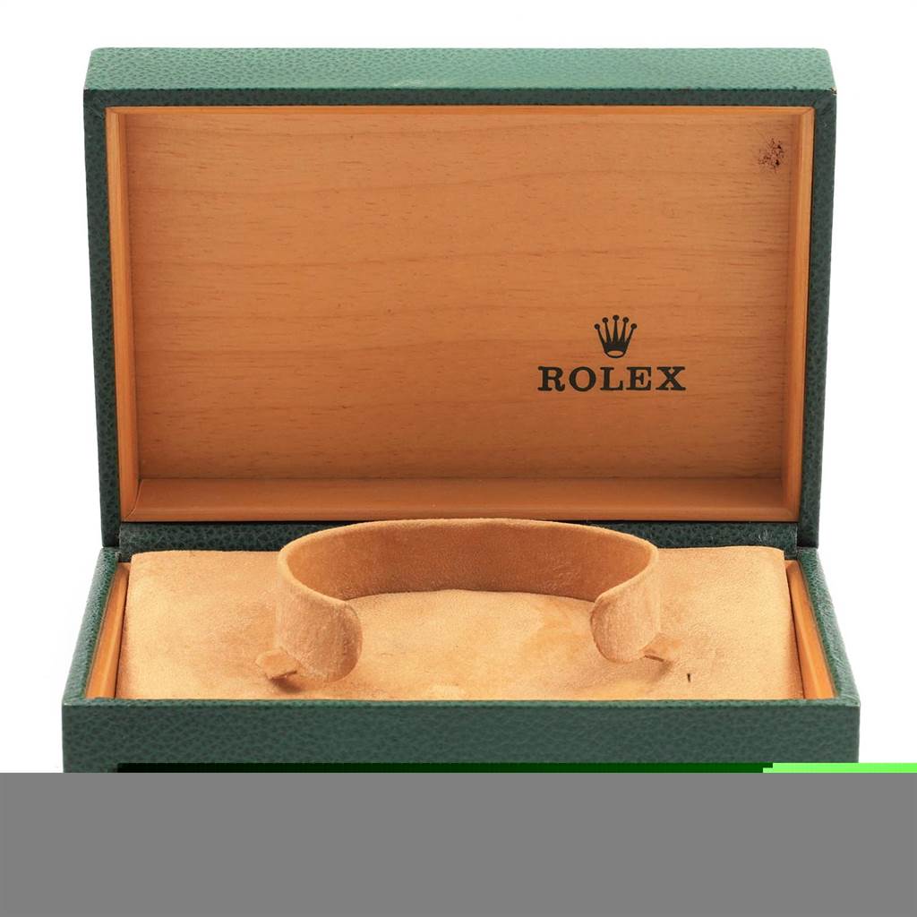 The image shows an open Rolex Vintage Collection 1002 Men
s Stainless Steel Silver Dial 1002 Men
s Stainless Steel Silver Dial watch box with cushioning, angled to display the logo inside the lid.