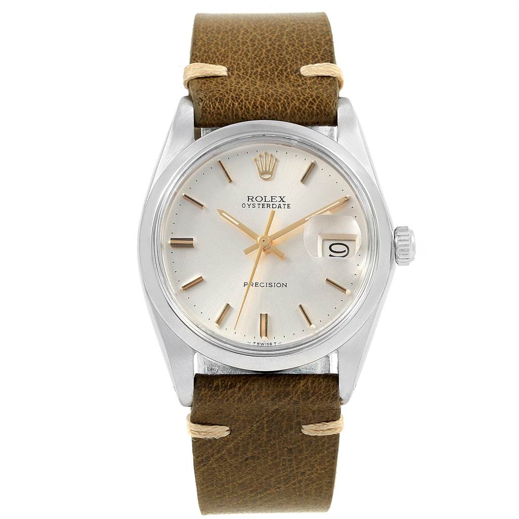 This is a front view of a Rolex Vintage Collection 6694 Men
s Stainless Steel Silver Dial 6694 Men
s Stainless Steel Silver Dial watch showing its dial, case, crown, and leather strap.