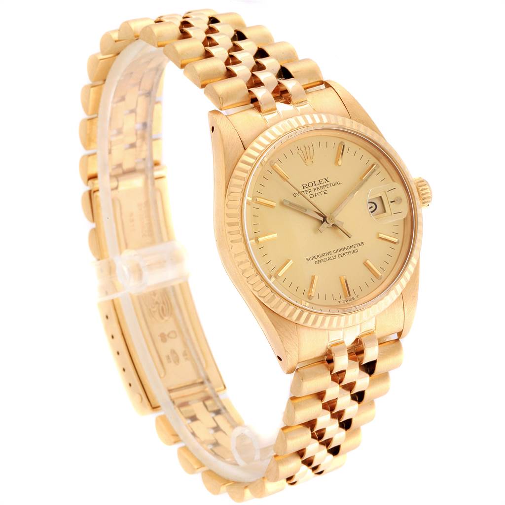 The Rolex Vintage Collection 15038 Men
s Yellow Gold Champagne Dial 15038 Men
s Yellow Gold Champagne Dial model watch is shown at an oblique angle, highlighting the face, bracelet, and clasp.