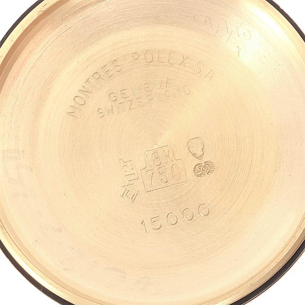 This image shows the inner case back of a Rolex Vintage Collection 15038 Men
s Yellow Gold Champagne Dial 15038 Men
s Yellow Gold Champagne Dial watch, highlighting engravings and gold markings.