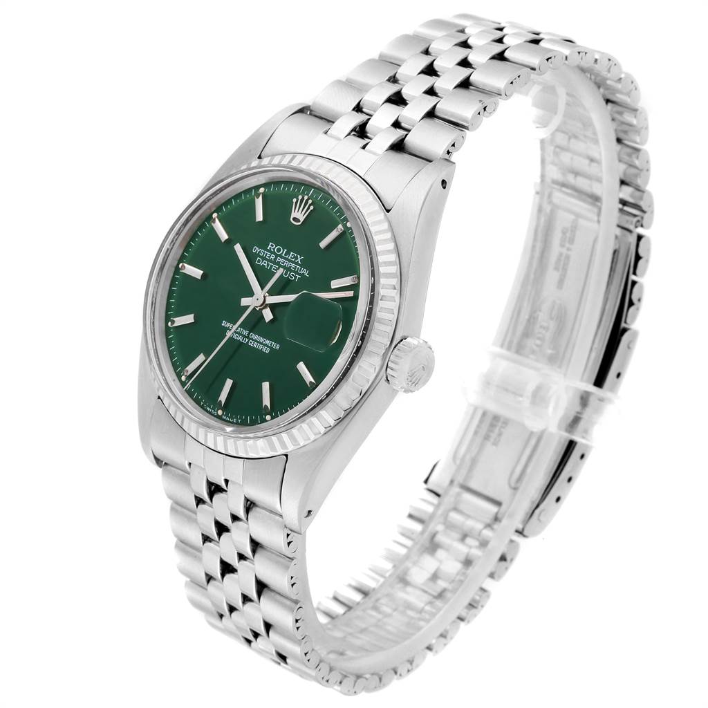 The Rolex Vintage Collection 1601 Men's Stainless Steel Green Dial 1601 Men's Stainless Steel Green Dial model is shown at a three-quarter angle, highlighting the face, bezel, crown, and part of the bracelet.