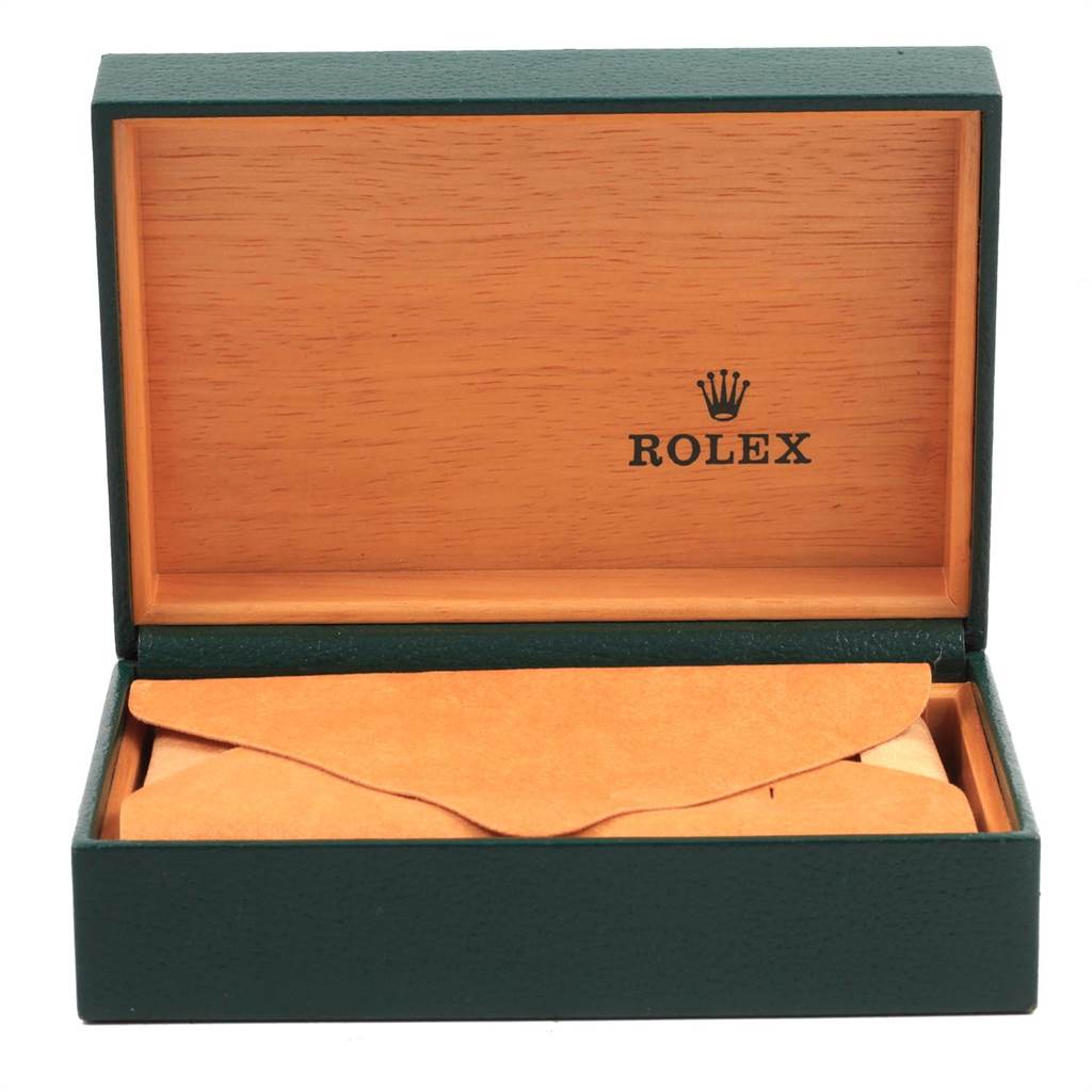 This image shows an open box for a Rolex Vintage Collection 1601 Men's Stainless Steel Green Dial 1601 Men's Stainless Steel Green Dial watch, featuring the brand's logo on the inner lid.