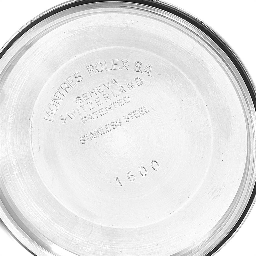 The image shows the inner case back of a Rolex Vintage Collection 1601 Men's Stainless Steel Green Dial 1601 Men's Stainless Steel Green Dial model 1600.