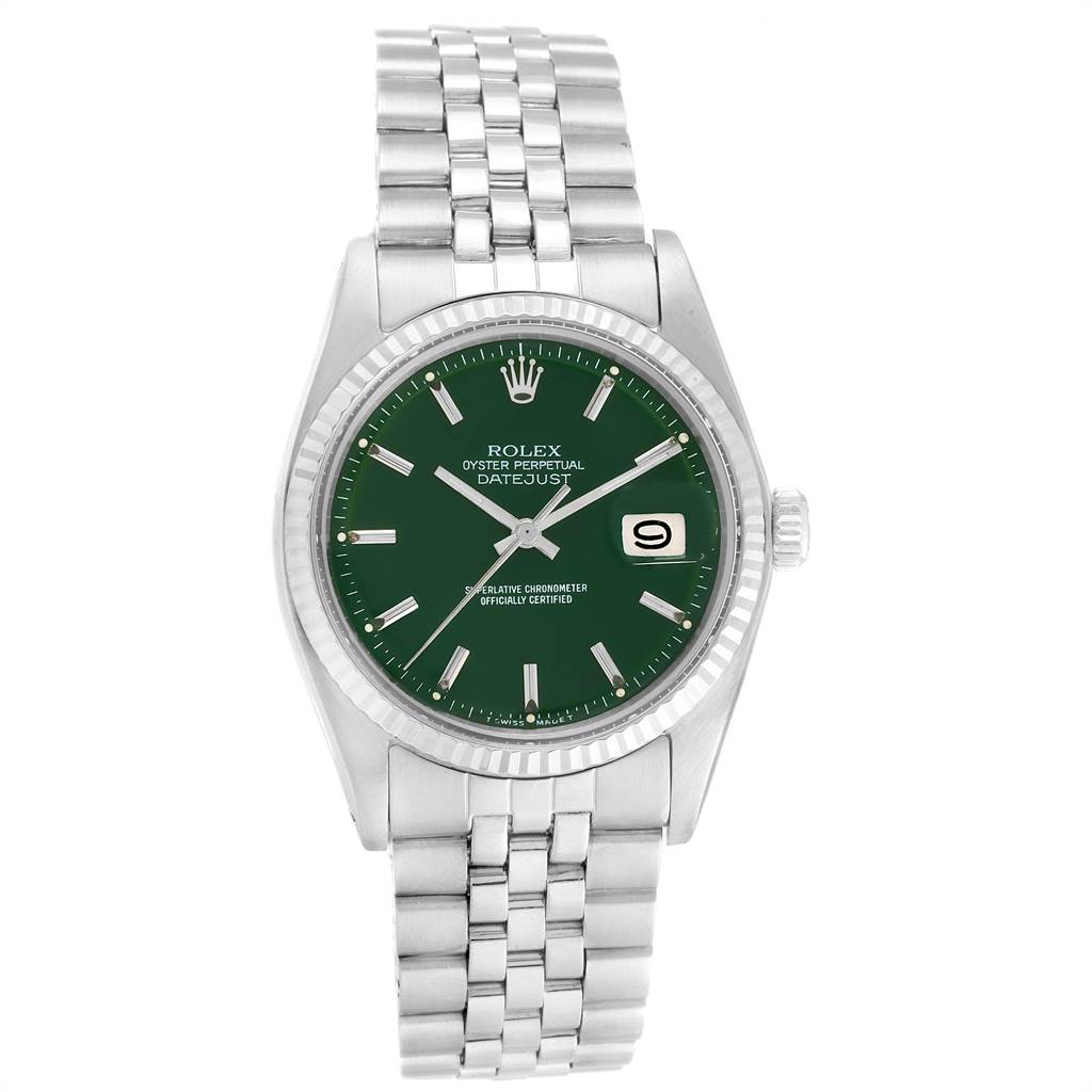 The image shows a front view of a Rolex Vintage Collection 1601 Men's Stainless Steel Green Dial 1601 Men's Stainless Steel Green Dial Oyster Perpetual Datejust watch with a green dial and stainless steel bracelet.
