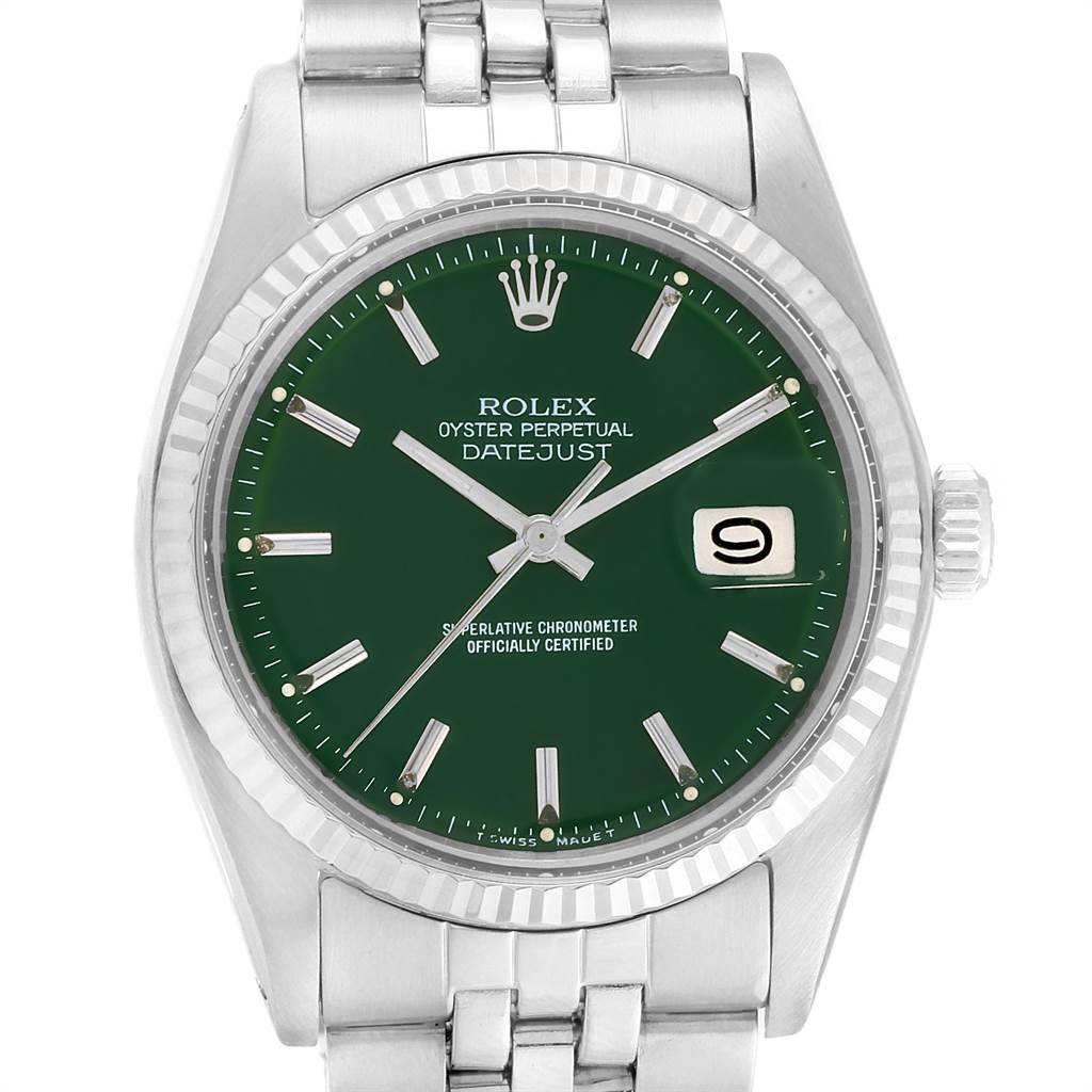 The Rolex Vintage Collection 1601 Men's Stainless Steel Green Dial 1601 Men's Stainless Steel Green Dial Datejust model is shown from the front, displaying the green dial, bezel, and bracelet.