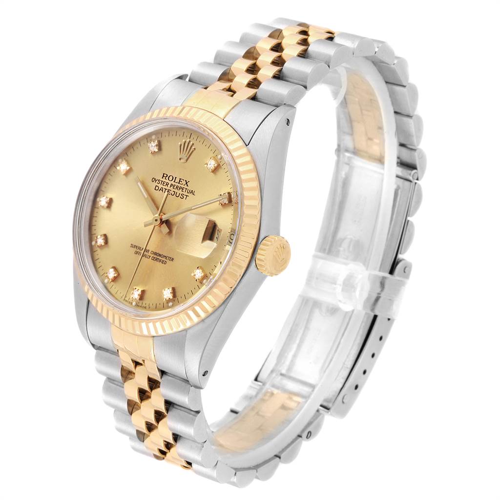 The image shows a side angle of the Rolex Vintage Collection 16013 Men's Stainless Steel Champagne Dial 16013 Men's Stainless Steel Champagne Dial watch, featuring a gold and silver bracelet and a gold dial.