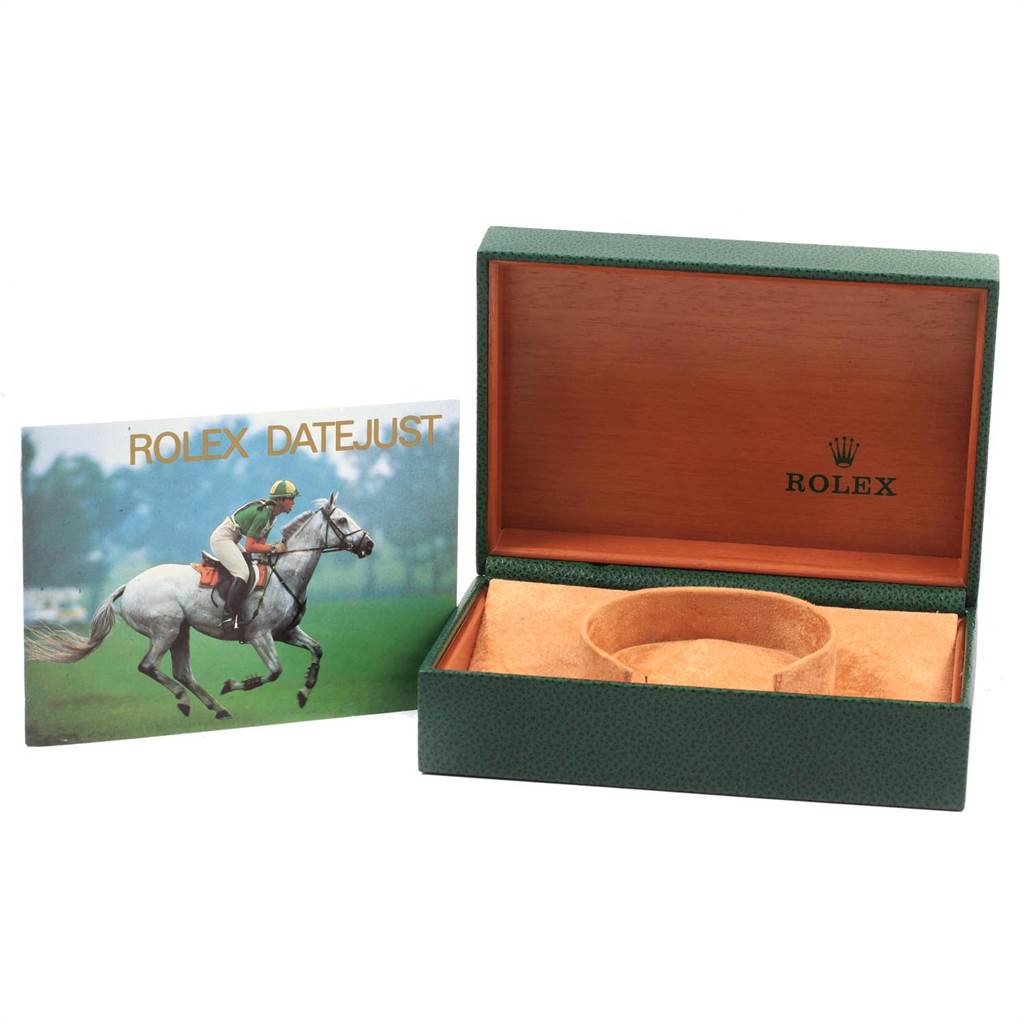 The image shows a Rolex Datejust watch box from the Vintage Collection with an accompanying booklet.