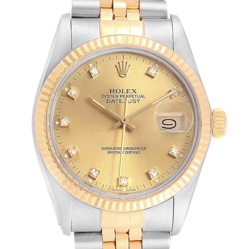 Rolex Datejust 36mm Steel Yellow Gold Diamond Dial Mens Watch 16013 SwissWatchExpo