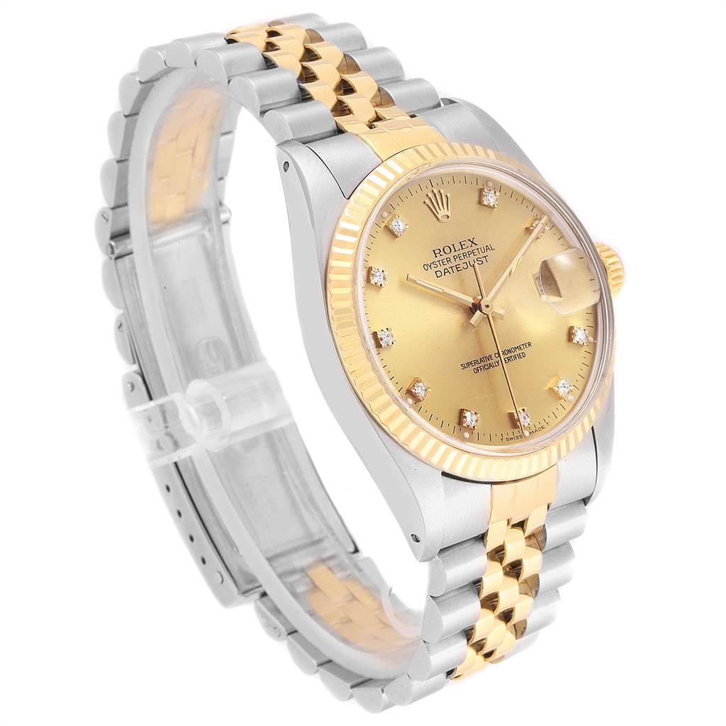 The Rolex Vintage Collection 16013 Men's Stainless Steel Champagne Dial 16013 Men's Stainless Steel Champagne Dial model is shown from a side angle, highlighting the gold and silver bracelet and gold dial.