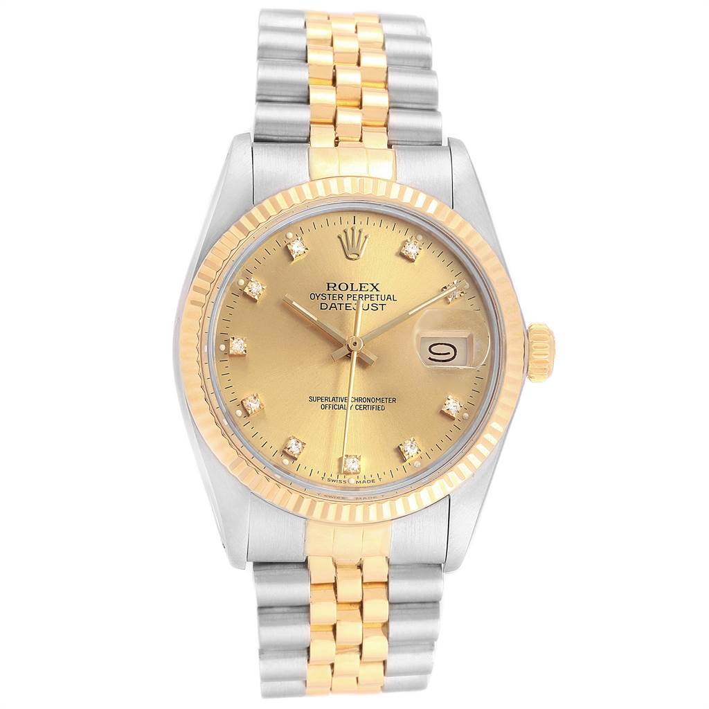 The image shows a front view of the Rolex Vintage Collection 16013 Men's Stainless Steel Champagne Dial 16013 Men's Stainless Steel Champagne Dial watch, highlighting the dial, bezel, and two-tone bracelet.