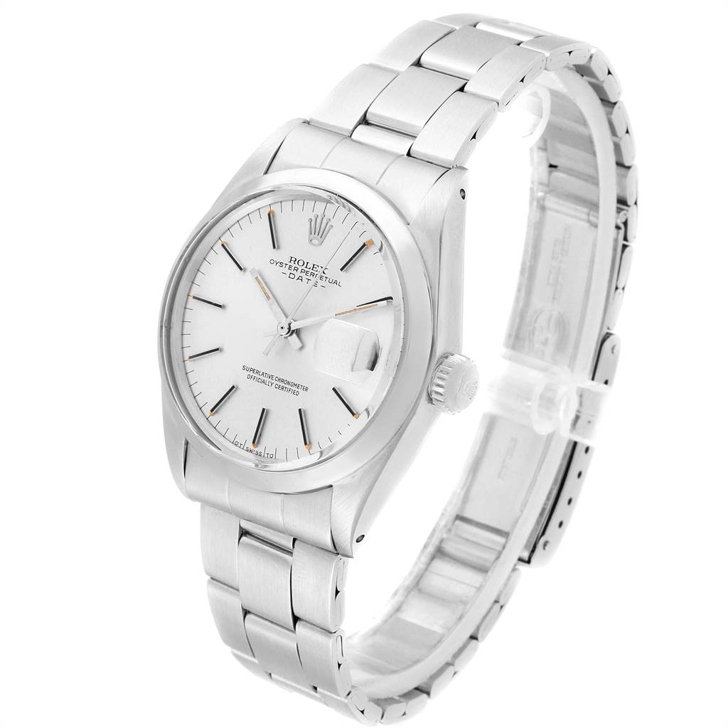 This Rolex Vintage Collection 1500 Men
s Stainless Steel Silver Dial 1500 Men
s Stainless Steel Silver Dial model watch is shown at a front angle, highlighting its dial, case, and stainless steel bracelet.