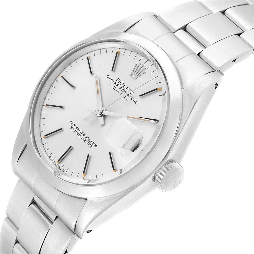 The image shows the Rolex Vintage Collection 1500 Men
s Stainless Steel Silver Dial 1500 Men
s Stainless Steel Silver Dial watch at an angled view, highlighting the face, bezel, bracelet, and crown.