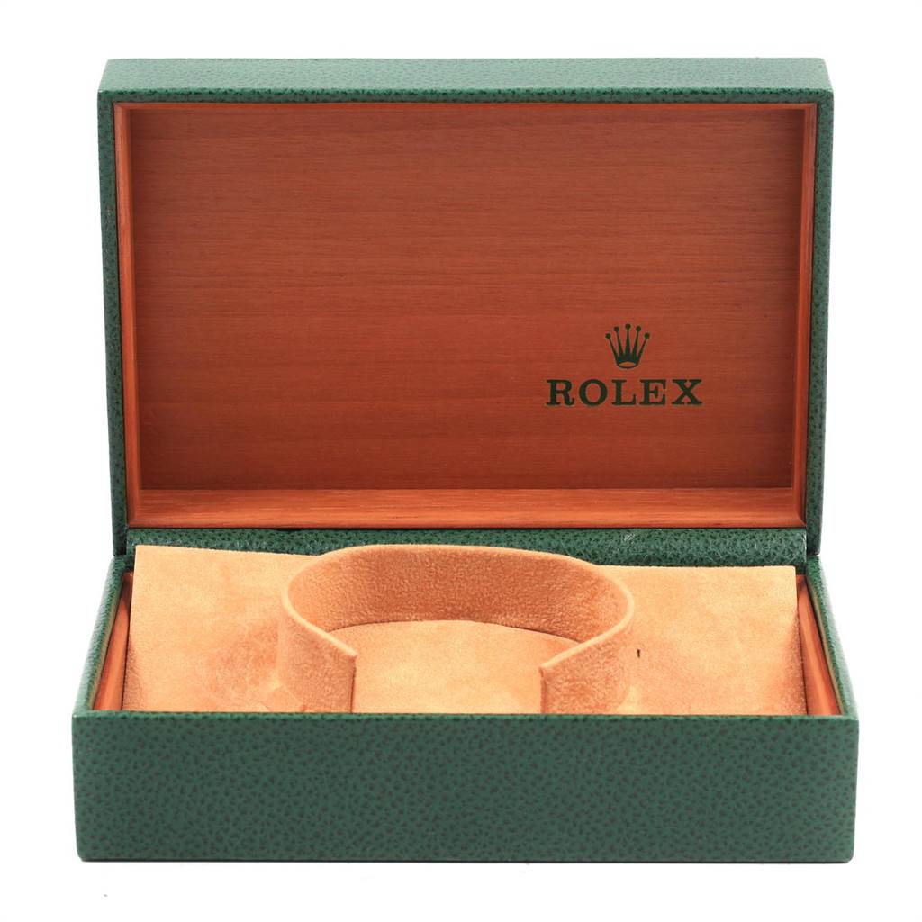 The image shows an open Rolex Vintage Collection 1500 Men
s Stainless Steel Silver Dial 1500 Men
s Stainless Steel Silver Dial watch box with an interior cushion, viewed from the front.