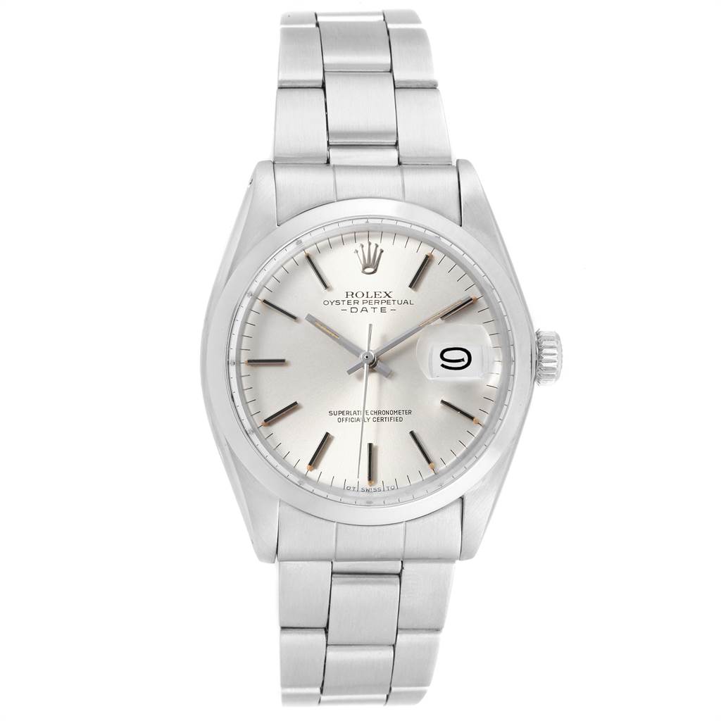 This is a front view of the Rolex Vintage Collection 1500 Men
s Stainless Steel Silver Dial 1500 Men
s Stainless Steel Silver Dial Oyster Perpetual Date, showing its face, dial, and bracelet.