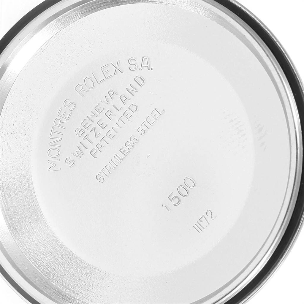 The image shows the inner case back of a Rolex Vintage Collection 1500 Men
s Stainless Steel Silver Dial 1500 Men
s Stainless Steel Silver Dial model.