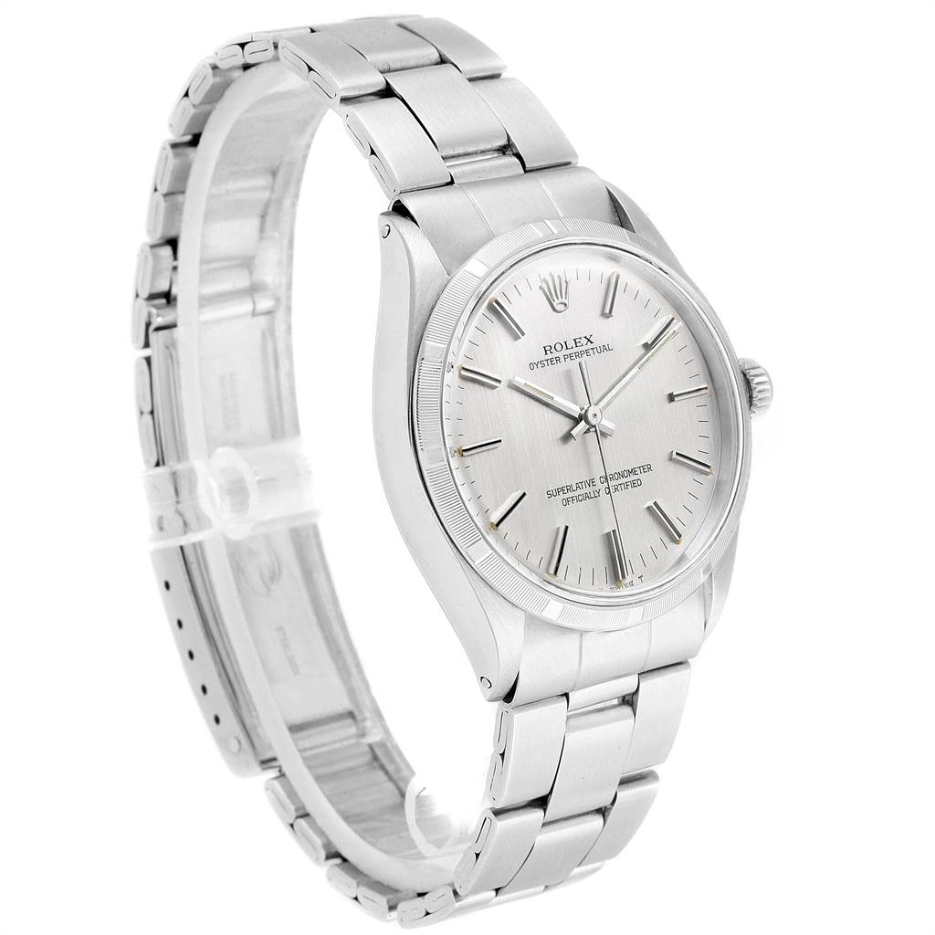 The image shows a Rolex Vintage Collection 1003 Men's Stainless Steel Silver Dial 1003 Men's Stainless Steel Silver Dial model watch from a side angle, highlighting the bracelet, dial, and case.