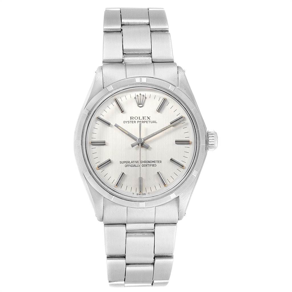 The image shows a front view of the Rolex Vintage Collection 1003 Men's Stainless Steel Silver Dial 1003 Men's Stainless Steel Silver Dial watch, displaying the dial, hands, and bracelet.