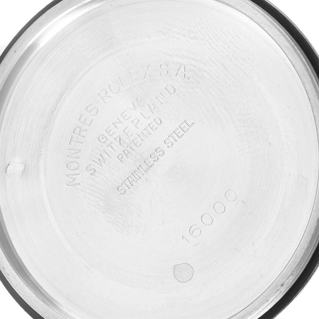 This image shows the inside of the case back of a Rolex Vintage Collection 16013 Men
s Stainless Steel Black Dial 16013 Men
s Stainless Steel Black Dial watch, model number 16000, with visible engravings.