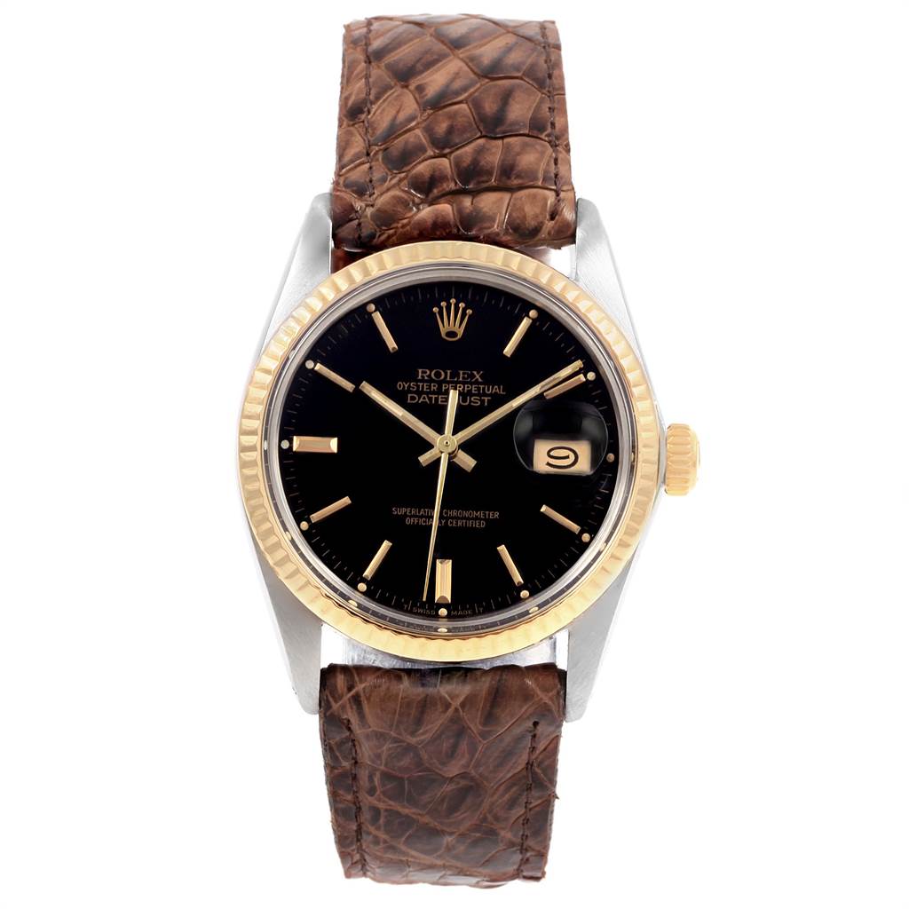 The Rolex Vintage Collection 16013 Men
s Stainless Steel Black Dial 16013 Men
s Stainless Steel Black Dial model is shown from the front, featuring its dial, bezel, crown, and leather strap.