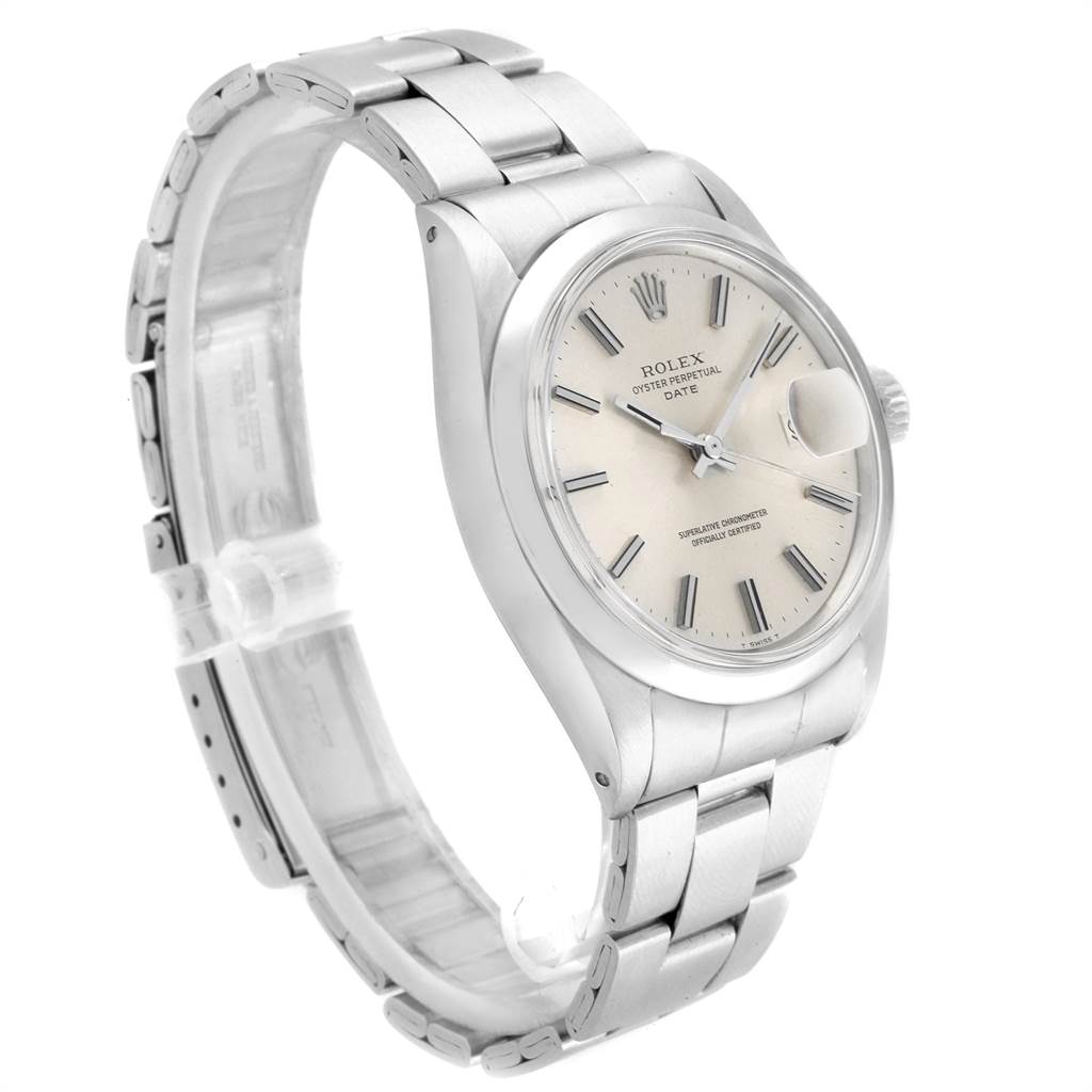 The image shows a side angle view of the Rolex Vintage Collection 1500 Men's Stainless Steel Silver Dial 1500 Men's Stainless Steel Silver Dial watch, clearly displaying its dial, bezel, bracelet, and crown.