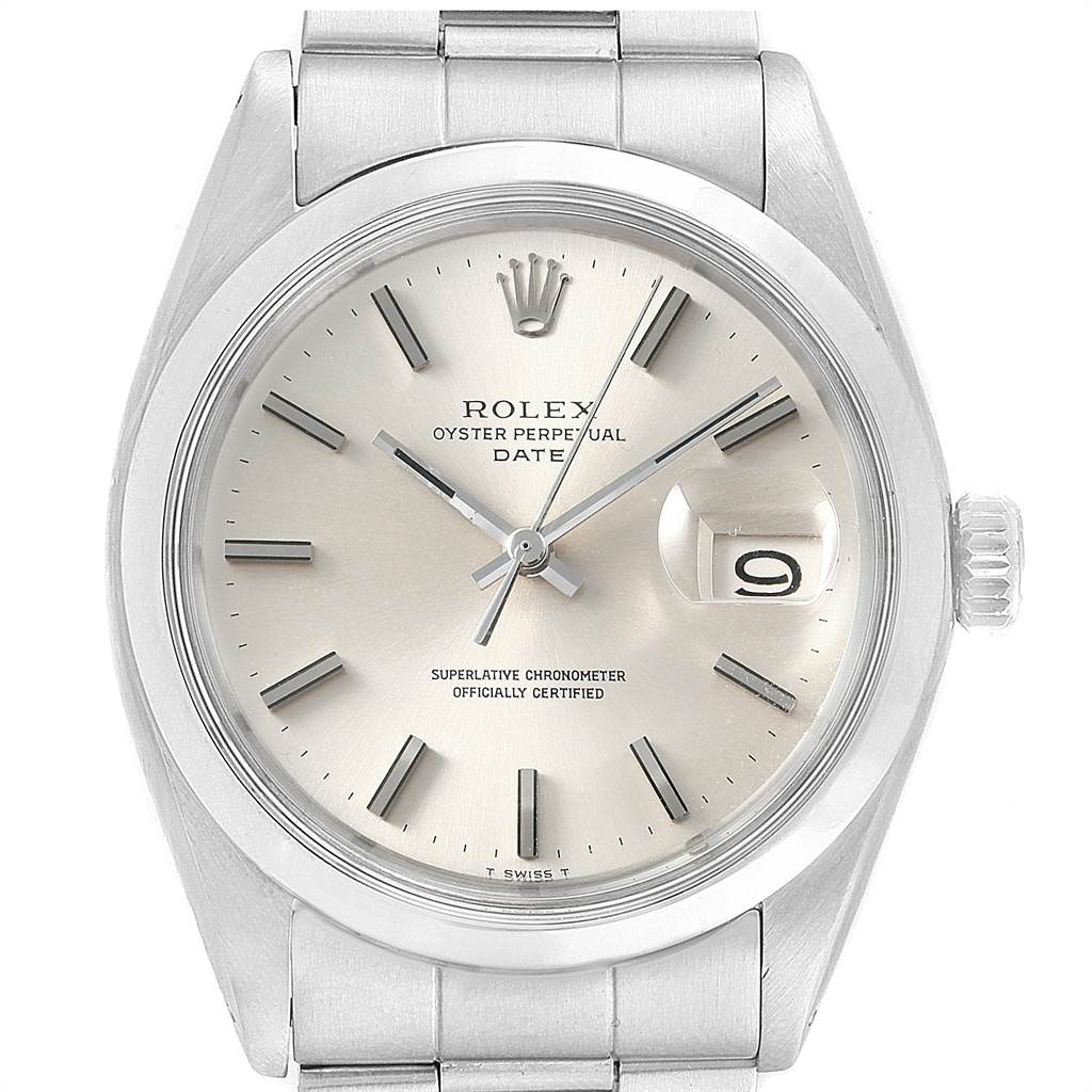 The image shows a frontal view of a Rolex Vintage Collection 1500 Men's Stainless Steel Silver Dial 1500 Men's Stainless Steel Silver Dial Oyster Perpetual Date watch, highlighting the face, band, and crown.