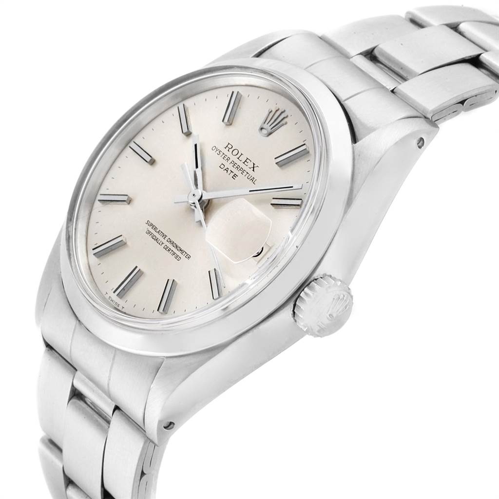The image shows a Rolex Vintage Collection 1500 Men's Stainless Steel Silver Dial 1500 Men's Stainless Steel Silver Dial watch at a slight angle, highlighting its dial, crown, and part of the bracelet.