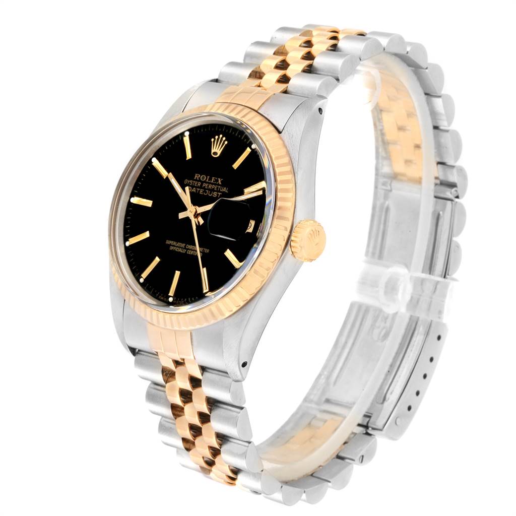 The Rolex Vintage Collection 16013 Men's Stainless Steel Black Dial 16013 Men's Stainless Steel Black Dial watch is shown at a three-quarter angle highlighting the face, bezel, crown, and two-tone bracelet.