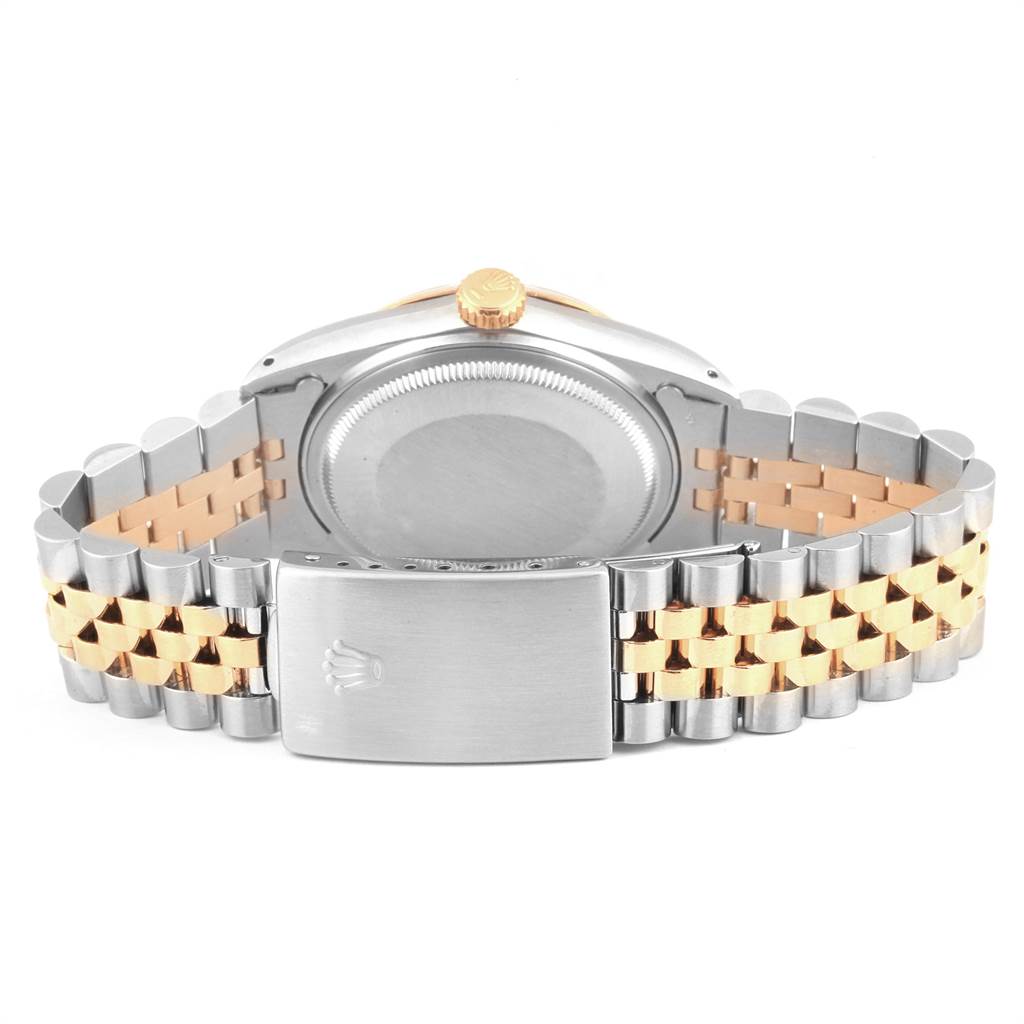 This image shows the back view of the Rolex Vintage Collection 16013 Men's Stainless Steel Black Dial 16013 Men's Stainless Steel Black Dial watch, including the case back and Jubilee bracelet clasp.