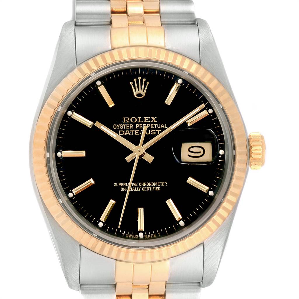 This image shows the Rolex Vintage Collection 16013 Men's Stainless Steel Black Dial 16013 Men's Stainless Steel Black Dial model watch from the front, highlighting the dial, hands, date window, and bracelet.