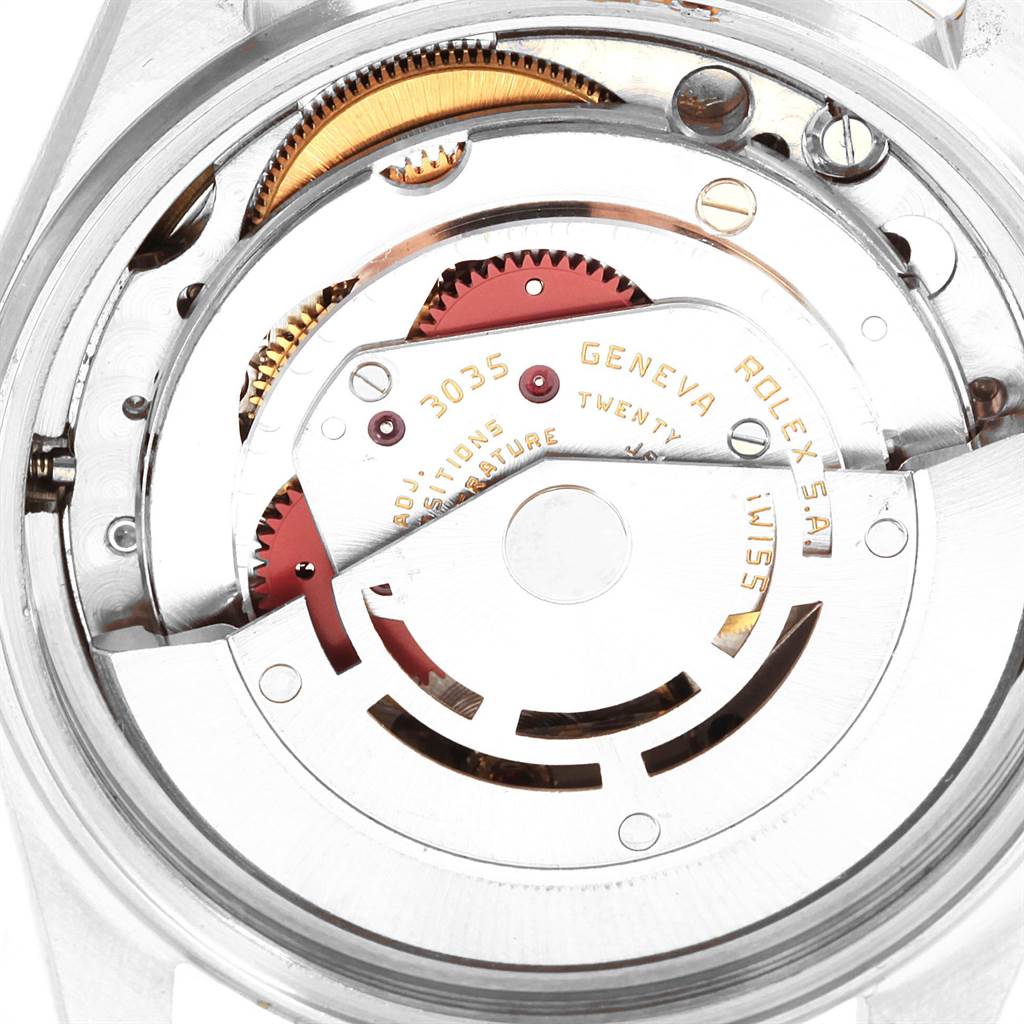 The image shows the intricate internal mechanism of the Rolex Vintage Collection 16013 Men's Stainless Steel Black Dial 16013 Men's Stainless Steel Black Dial watch model 3035, viewed from the back.