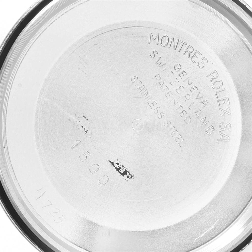 This is a close-up of the case back of a Rolex Vintage Collection 1500 Men's Stainless Steel Blue Dial 1500 Men's Stainless Steel Blue Dial watch, showing the branding and model number.