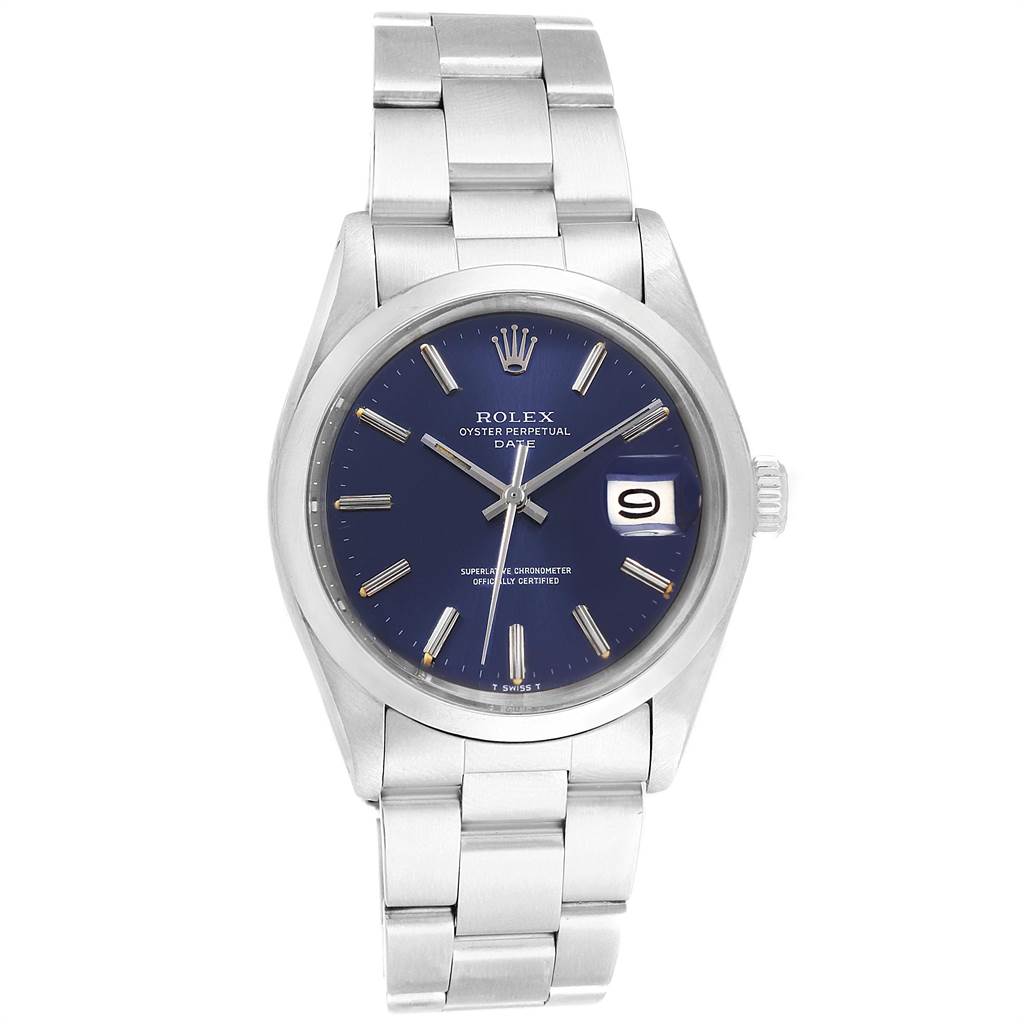 The Rolex Vintage Collection 1500 Men's Stainless Steel Blue Dial 1500 Men's Stainless Steel Blue Dial model is shown from a front angle, highlighting its blue dial, date window, and stainless steel bracelet.