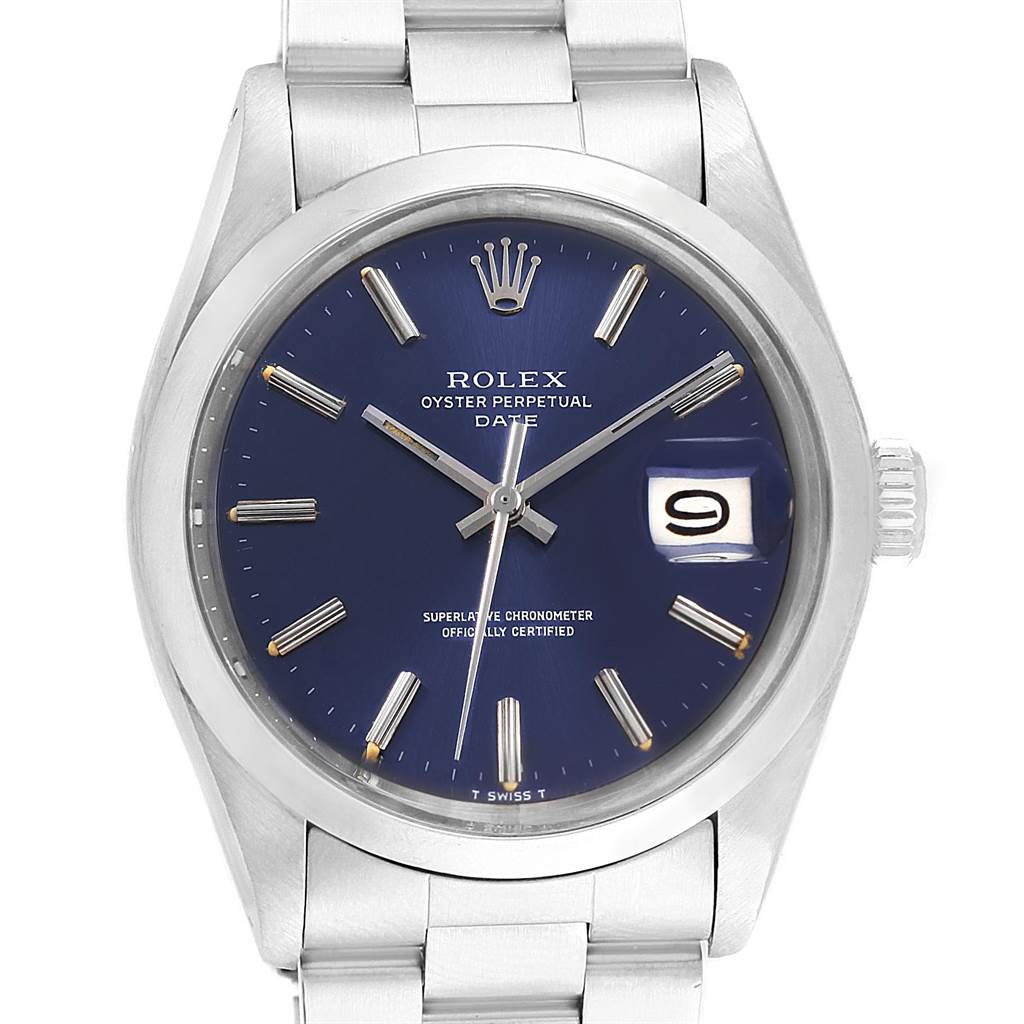 The image shows a frontal view of a Rolex Vintage Collection 1500 Men's Stainless Steel Blue Dial 1500 Men's Stainless Steel Blue Dial Oyster Perpetual Date watch displaying the dial, date, and bracelet.