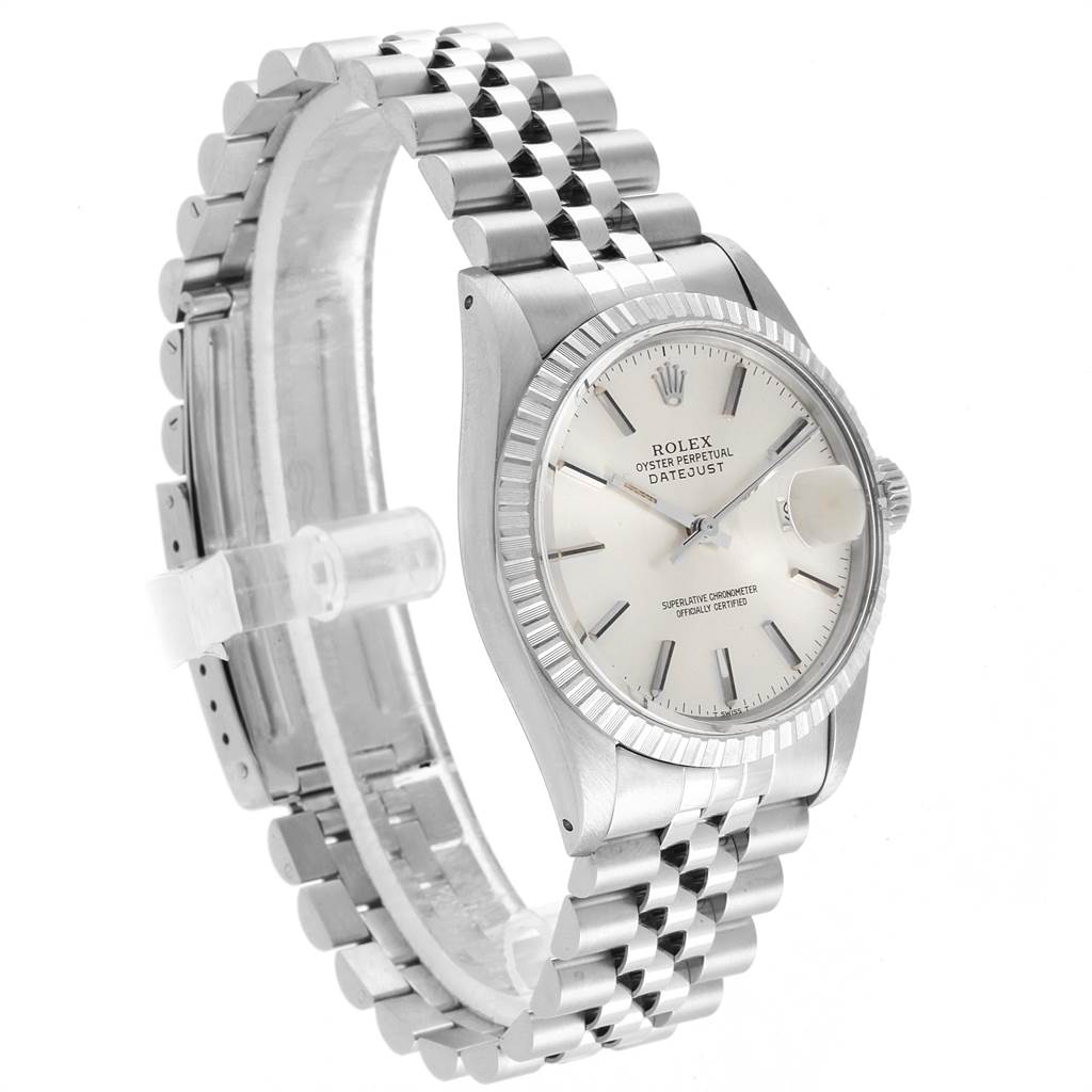 The image shows a side angle of a Rolex Vintage Collection 16030 Men's Stainless Steel Silver Dial 16030 Men's Stainless Steel Silver Dial model watch, highlighting the watch face, bezel, and bracelet.