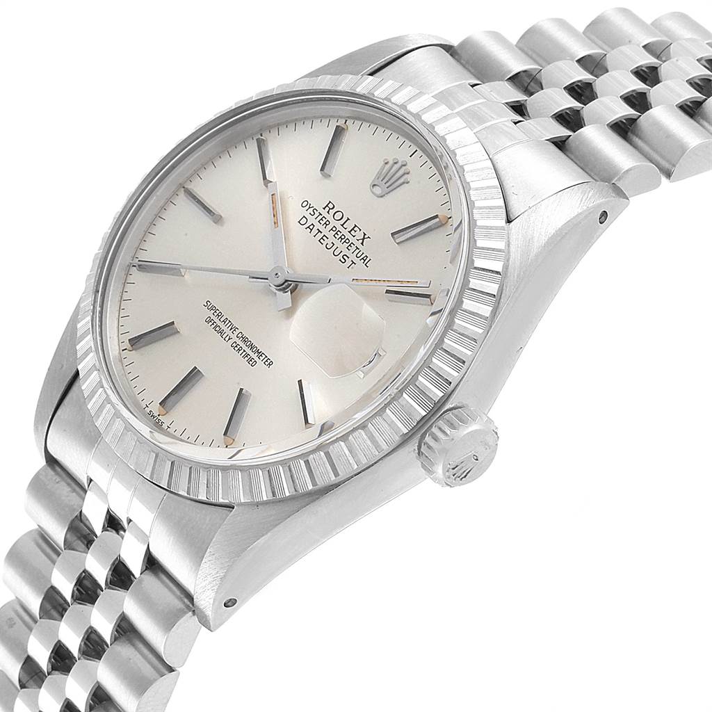 The image shows a side angle of a Rolex Vintage Collection 16030 Men's Stainless Steel Silver Dial 16030 Men's Stainless Steel Silver Dial Datejust, featuring the dial, bezel, crown, and part of the bracelet.