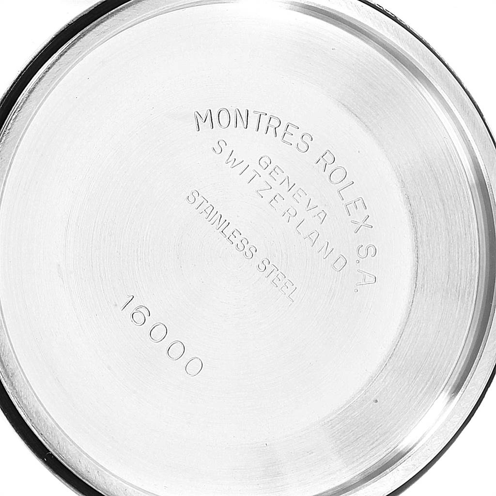 The image shows the inside case back of a Rolex Vintage Collection 16030 Men's Stainless Steel Silver Dial 16030 Men's Stainless Steel Silver Dial watch, displaying engraved text and the model number 16000.