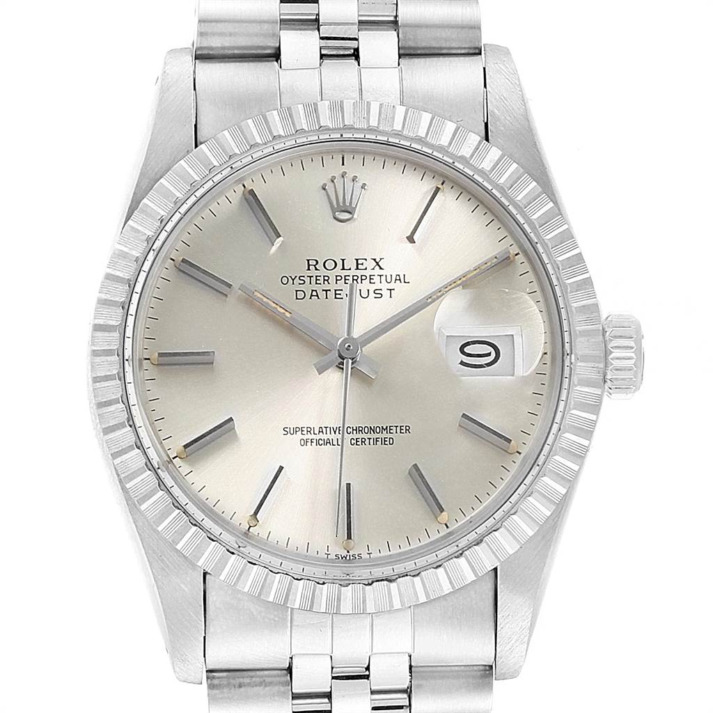 This image shows the front view of a Vintage Collection Rolex Oyster Perpetual Datejust watch, highlighting the dial, date window, and bracelet.