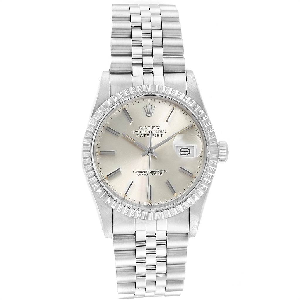 This image shows a front view of the Rolex Vintage Collection 16030 Men's Stainless Steel Silver Dial 16030 Men's Stainless Steel Silver Dial Datejust watch, displaying the dial, bezel, and bracelet.