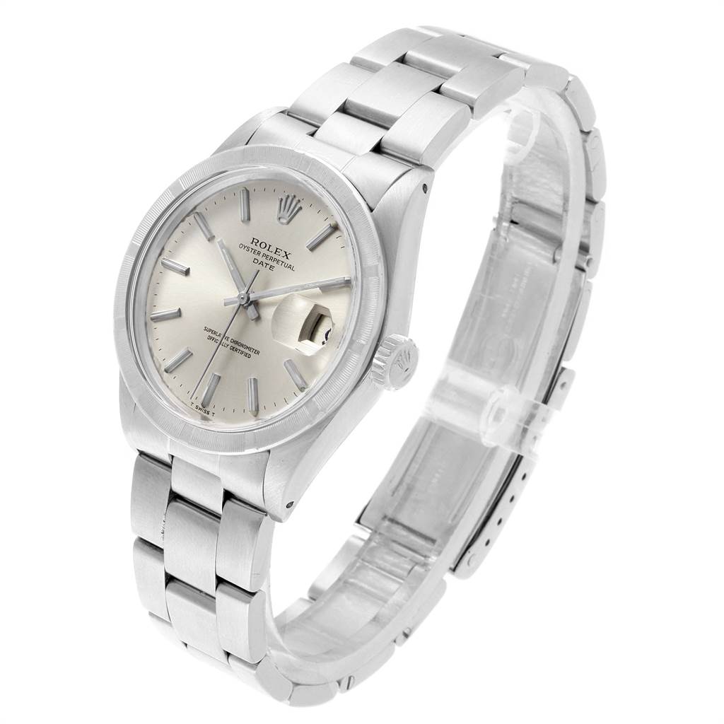 The watch, a Rolex Vintage Collection 1501 Men's Stainless Steel Silver Dial 1501 Men's Stainless Steel Silver Dial model, is shown at an angle displaying the face, bracelet, and clasp.