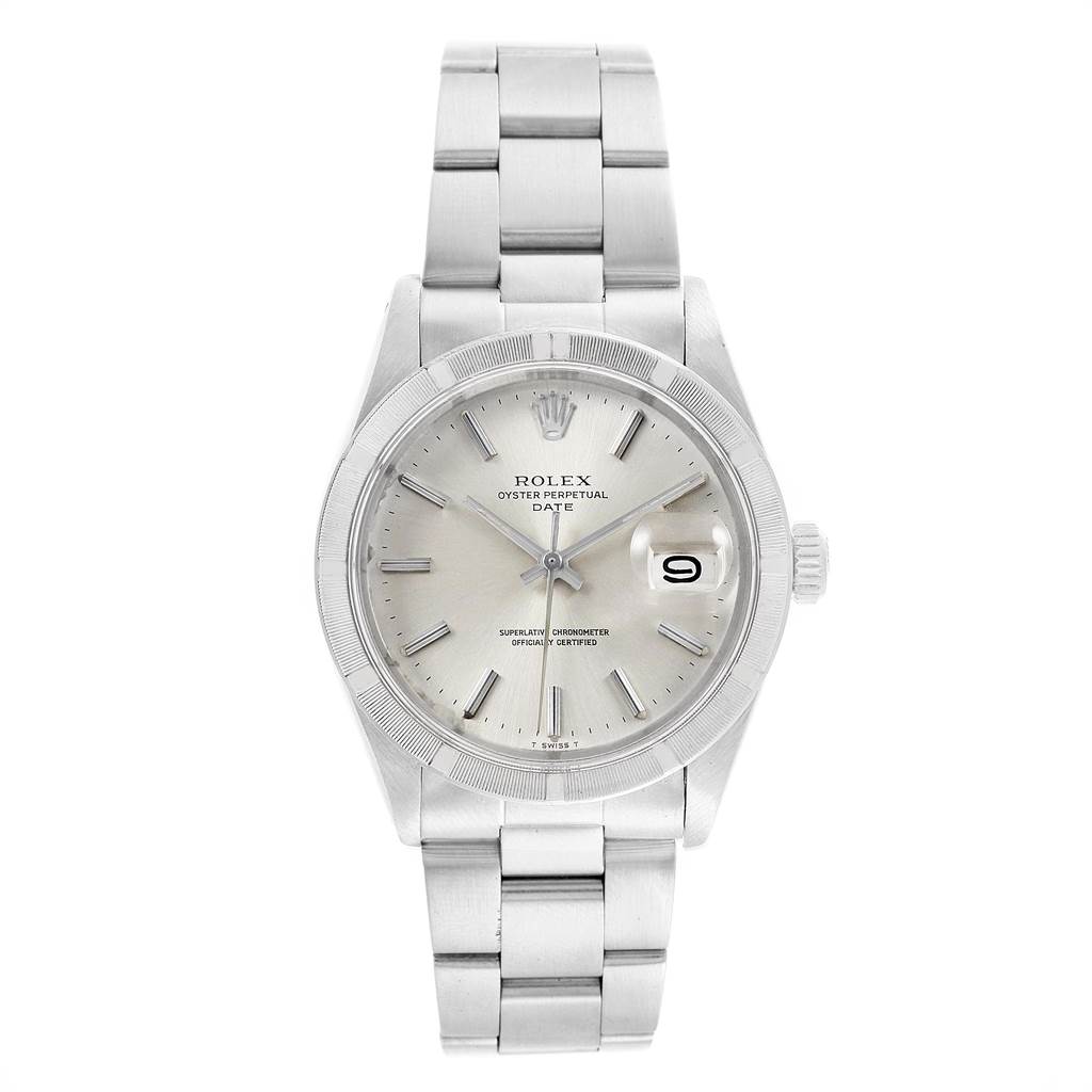 The image shows a frontal view of the Rolex Vintage Collection 1501 Men's Stainless Steel Silver Dial 1501 Men's Stainless Steel Silver Dial Oyster Perpetual Date watch, displaying its face, bezel, and bracelet.