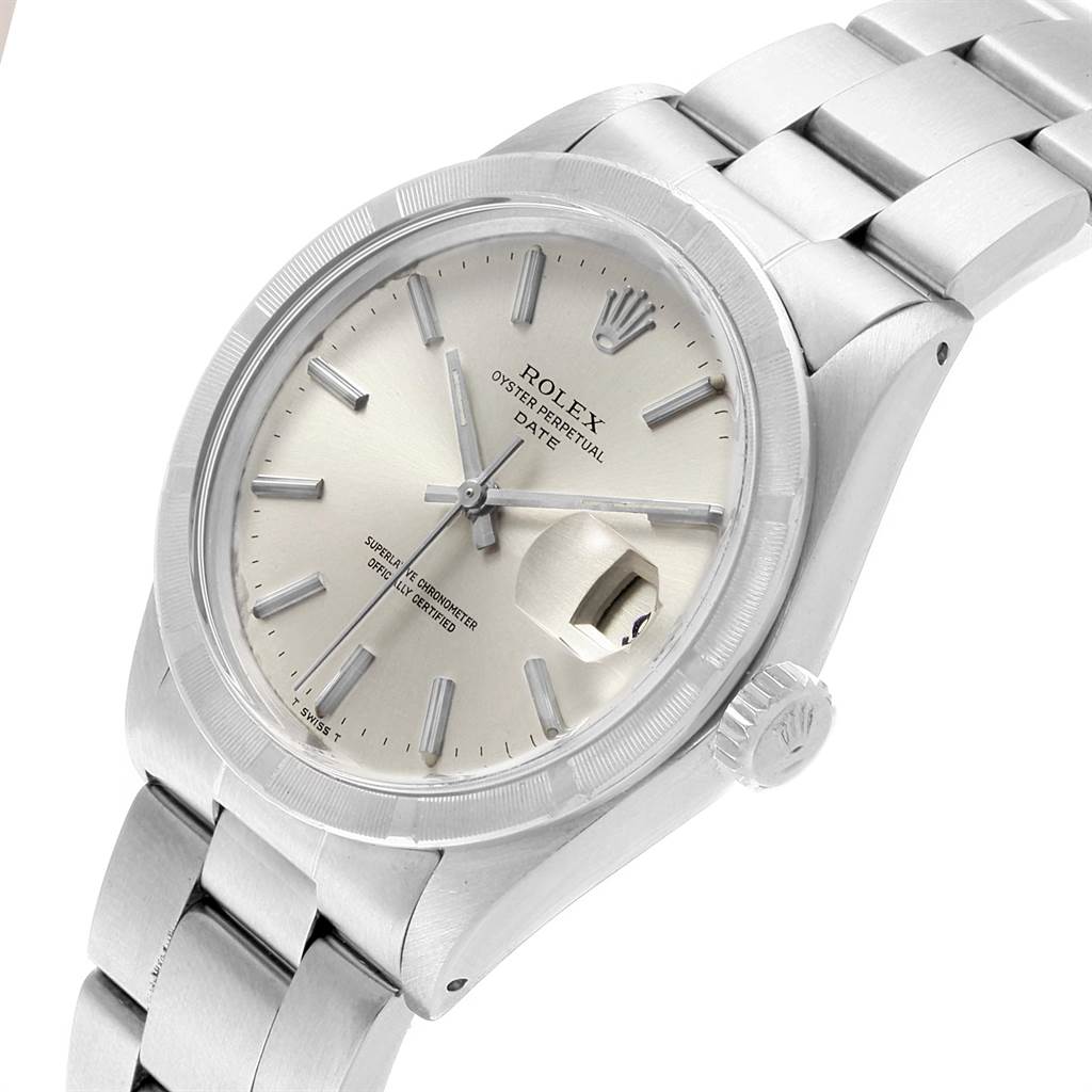 The Rolex Vintage Collection 1501 Men's Stainless Steel Silver Dial 1501 Men's Stainless Steel Silver Dial model watch is shown at an angle displaying the face, dial, bezel, lugs, bracelet, and crown.