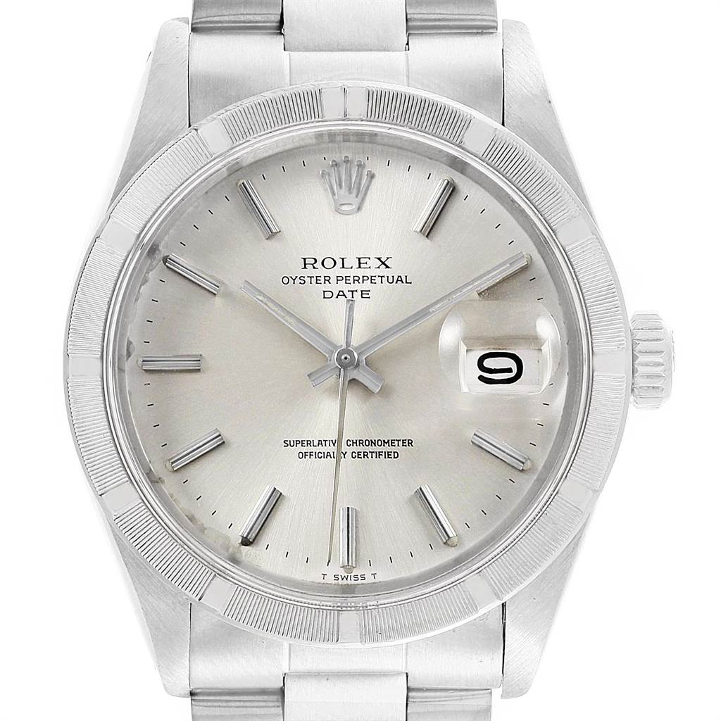 The image shows a front view of the Rolex Vintage Collection 1501 Men's Stainless Steel Silver Dial 1501 Men's Stainless Steel Silver Dial model, Oyster Perpetual Date, displaying the dial and bracelet.