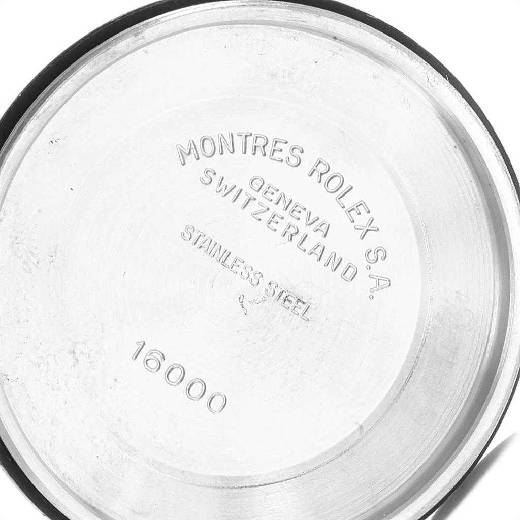 The image shows the inner case back of the Rolex Vintage Collection 16013 Men's Stainless Steel Champagne Dial 16013 Men's Stainless Steel Champagne Dial model, showcasing markings and the model number 16000.
