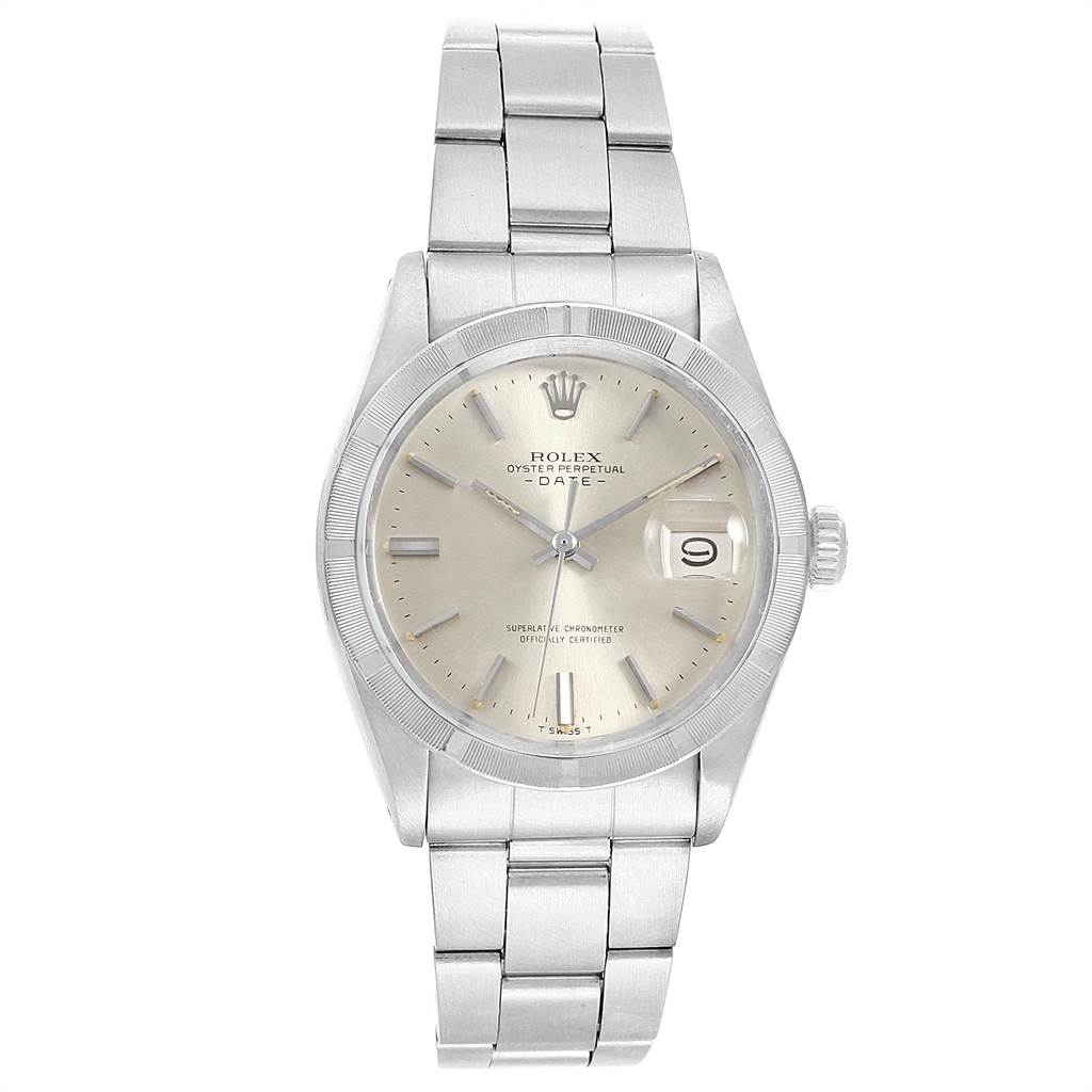 The image shows a front view of a Rolex Vintage Collection 1501 Men's Stainless Steel Silver Dial 1501 Men's Stainless Steel Silver Dial Oyster Perpetual Date watch, displaying its face, bezel, and metal strap.