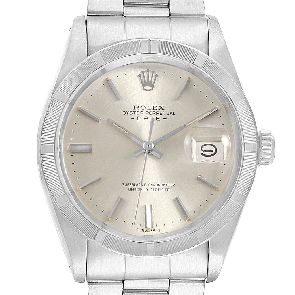 The image shows a front view of the Rolex Vintage Collection 1501 Men's Stainless Steel Silver Dial 1501 Men's Stainless Steel Silver Dial Oyster Perpetual Date watch, displaying its dial, bezel, and bracelet.