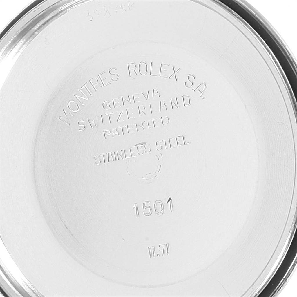 The image shows the case back of a Rolex Vintage Collection 1501 Men's Stainless Steel Silver Dial 1501 Men's Stainless Steel Silver Dial watch model 1501.