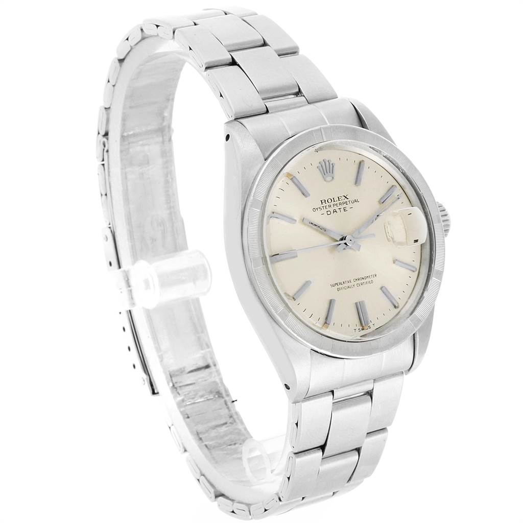 The image shows a side and partial front view of the Rolex Vintage Collection 1501 Men's Stainless Steel Silver Dial 1501 Men's Stainless Steel Silver Dial watch, displaying the face, bracelet, and case.